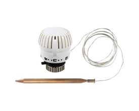 Pettinaroli Dynasty termostat med M30 x 1,5 tilslutning og væskefyldt følerelement, viser indstillingsskala og kobberrør.