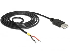 DeLock USB 2.0-kabel på 1,5 meter i sort med Type-A-hanstik og to åbne ledere, vist oprullet.