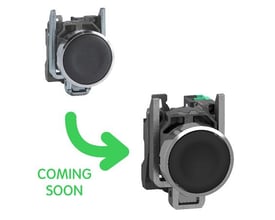 Schneider Electric trykknap med sort, plan trykflade og 1xNO push-in kontakt på hvid baggrund med grøn pil og tekst "COMING SOON".