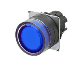 Omron A22NZ trykknap med 22mm diameter, gennemsigtig blå lysende knap og sort plast bezel.