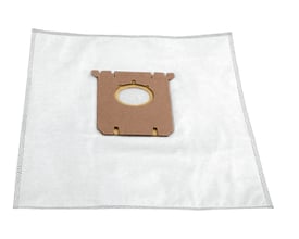 Et hvidt støvsugerpose af mikro fiber materiale med en brun papholder til montering, vist fladt.