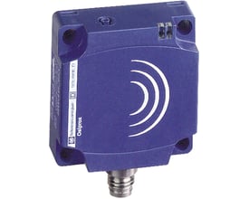 Schneider Electric induktiv sensor XS8, 40x40x15mm, PNP NO, med M8 stik og hvidt symbol for induktion.