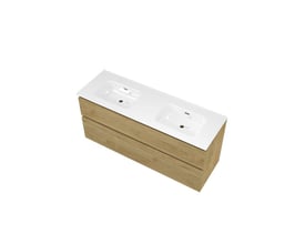 Sanibell Proline møbelsæt i ideal eg, 141x46 cm, med integreret dobbelt porcelænsvask uden hanehul og to grebsfrie softclose skuffer.