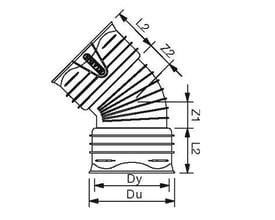 Teknisk tegning af Wavin X-Stream DN150 45° PP-bøjning med dimensioner og SN8 stivhedsklasse angivet.