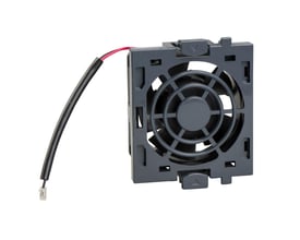 Schneider Electric 80x80mm ventilator til ATV61/71 frekvensomformere, vist med sort kabel og grå plastramme på hvid baggrund.