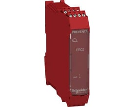 Schneider Electric XPSMCM udvidelsesmodul i rød plast med 'PREVENTA' og 'ER02' mærkning, viser terminaler og Schneider Electric logo.