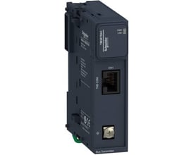 Schneider Electric TM3-Busmodul, Sender (TM3XTRA1), en mørkeblå enhed med mærker, knapper og en RJ45-port.