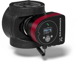 Sidevisning af Grundfos Magna3 32-80 F pumpe, der viser det integrerede kontrolpanel med menu og knapper.