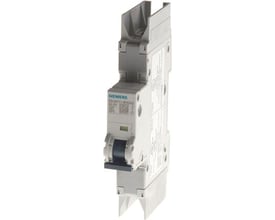 Siemens SENTRON 5SJ4 automatsikring set skråt forfra med gråt kabinet og mørk vippe, 1-polet, 16 A, C-kurve.