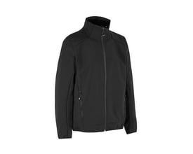 ID Identity sort softshell jakke i størrelse 3XL med høj hals, lynlås og to sidelommer med lynlås på hvid baggrund.