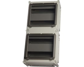 Fibox EK THL24-2 modul skinnekasse i lysegrå polycarbonat, vist forfra med to rækker af moduler og klare låg.