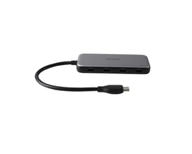 Deltaco USB-C hub i grå med fire USB-C porte, 5 Gbps og integreret kabel med stik, vist fra forsiden.