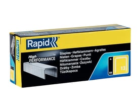 Pakke med Rapid 13/8 High Performance hæfteklammer i elforzinket tråd, 5000 stk. Gul og blå emballage.