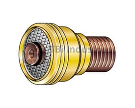 Detaljeret billede af Abicor Binzel gaslinse med indgraveret logo, ø2,4mm, messing og kobber.