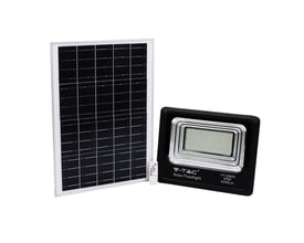 V-TAC 300W solpanel og 50W LED projektør med fjernbetjening på hvid baggrund.