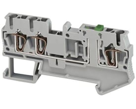 Schneider Electric skilleklemme med fjeder til 2,5mm2 ledere i grå plast, vist med interne kobberkontakter og grøn udløserknap.