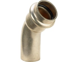 Viega Seapress 45 graders presbøjning med 22 mm dimension, fremstillet af holdbart CuNi10Fe1,6Mn materiale til havvandsapplikationer.