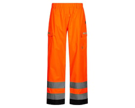 Lyngsøe Rainwear FOX6052 regnbuks i orange og sort, set forfra med elastisk talje og cargo-lommer.