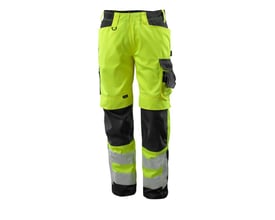 Bagfra af Mascot Kendal HI Viz bukser i gul og sort, fremhæver de forstærkede baglommer og reflekser på benene.