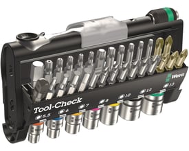 Detaljeret billede af Wera Tool-Check 1 SB, der viser skraldens mekanik og alle de forskellige bits og toppe med deres størrelser angivet.