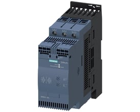 Siemens SIRIUS 3RW303 softstarter med fjederterminaler, 63A, 30kW effekt og 24V spænding, vist fra siden på hvid baggrund.