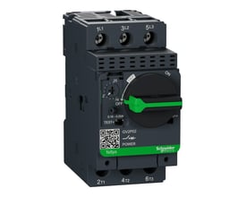 Schneider Electric motorværn GV2P02 set fra venstre, viser skrueterminaler og drejegrebets indstillingsmuligheder.