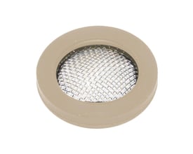 Smudsfilter i TPE-gummi med en 3/4" gevindstørrelse og et fintmasket metalfilter i beige. Dette drikkevandgodkendte filter beskytter installationer mod snavs.