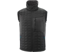 Detaljebillede af Mascot Climascot termovest i sort, viser lynlåslukning, brystlomme og reflekselementer.