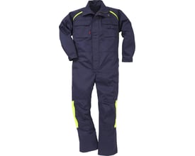 Kansas Fristads svejsekedeldragt 100338 i marineblå med flammehæmmende egenskaber og neongule detaljer på skuldre og ben.