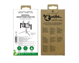 Emballage til 4smarts sort smartphone-videorig med trådløs fjernbetjening, vist forfra og bagfra.
