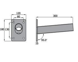 Målskitse af David Super-Light vægbeslag til armatur, 300 mm langt, med Ø60 mm tilslutning og let hældning.