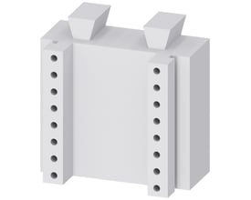 Siemens 8US2-udvidelsesmodul til 3-polede adaptere ses skråt forfra med rækker af monteringshuller.