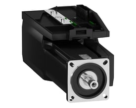 Schneider Electric servo-integreret motor 70mm med 640W og 230V, vist med aksel og monteringsflange foran.