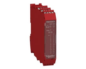 Schneider Electric XPSMCM udvidelsesmodul, model DI16, med 16 sikkerhedsindgange, vist fra siden i rød plast.