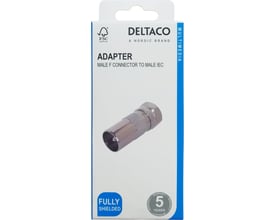 Deltaco koaksialadapter med F-han og IEC-han ses afbildet på emballagens forside.