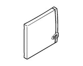 Legrand hvid dør til gruppeafdækning 01308, designet til 8/9 moduler, vist som skitse med låsefunktion.