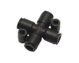 Parker krydsfitting i sort teknisk polymer med fire 4mm indgange til slanger, ROHS-godkendt.