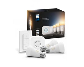 Philips Hue White Ambiance E27 starterkit med tre pærer, Hue Bridge og Dimmer Switch, klar til brug.