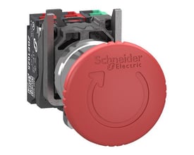 Schneider Electric nødstop med rød tryk/drej padde og tryk-in fjederklemmer. Inkluderer 1xNO+2xNC kontaktelementer og er fremstillet i metal for robusthed.
