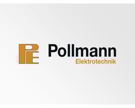 Pollmann Elektrotechnik logo med teksten 'PE' i orange og 'Pollmann Elektrotechnik' i sort og orange.