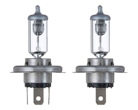 To Osram H4 Ultra Life forlygtepærer med 12V, 60/55W og P43T sokkel, vist med hvid baggrund.