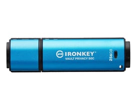 Kingston IronKey Vault Privacy 50C 256GB USB-C hukommelsesenhed i skinnende blå med sort hætte.