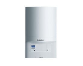 Frontbillede af den hvide Vaillant Ecotec Pro VC DK 236/5-3 H gaskedel på en hvid baggrund, fremhæver dens kompakte design og digitale display.