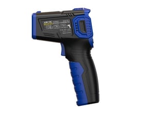 Arctic Hayes AH650 infrarødt termometer med blå og sorte detaljer, viser laserpegepind og LCD-skærm til temperaturmåling op til 380°C.