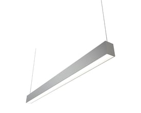 Ansell Lighting Vasco ophæng i aluminium med integreret lyspanel, monteret med tynde wirer mod en hvid baggrund.