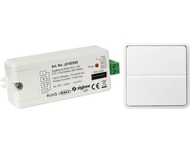 Lauritz Knudsen Zigbee/DALI pakke med hvidt FUGA-kompatibelt batteritryk og en hvid Zigbee til DALI 2-i-1 konverter med relæ.