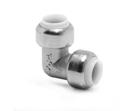 VSH Tectite vinkel fittings til 15 mm rør i krom, med tydeligt logo og dimensioner, isoleret på hvid baggrund.