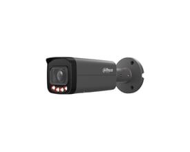 Sort Dahua 5 MP AI-netværkskamera med 2,8 mm objektiv, vist forfra og fra siden med linse og lysdioder.