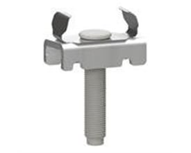 Lauritz Knudsen T-Bolt 26U M10 x 40mm FZV. Detaljeret billede af varmgalvaniseret stålbolt monteret med skinneklemme.