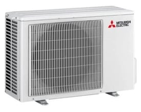 Mitsubishi varmepumpe udedel model MUZ-AY25VG i hvid med synligt kølergitter og Mitsubishi Electric logo monteret på beslag.